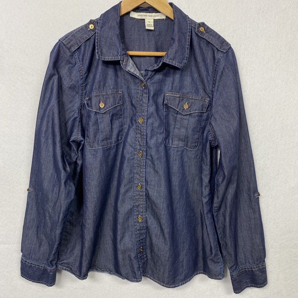 Jones New York Womens PL Denim Shirt Blue Roll Tab Sleeve Button Up Classic